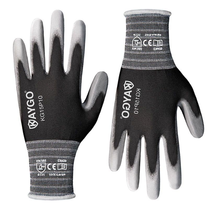 KAYGO Work Gloves PU Coated 12 Pairs, KG15P,Nylon Liner with Flexible Polyurethane Coating,Safety Work Gloves for DIY, Assembly, Warehouse, Light Duty Work (X-Large, Black) - Image 1
